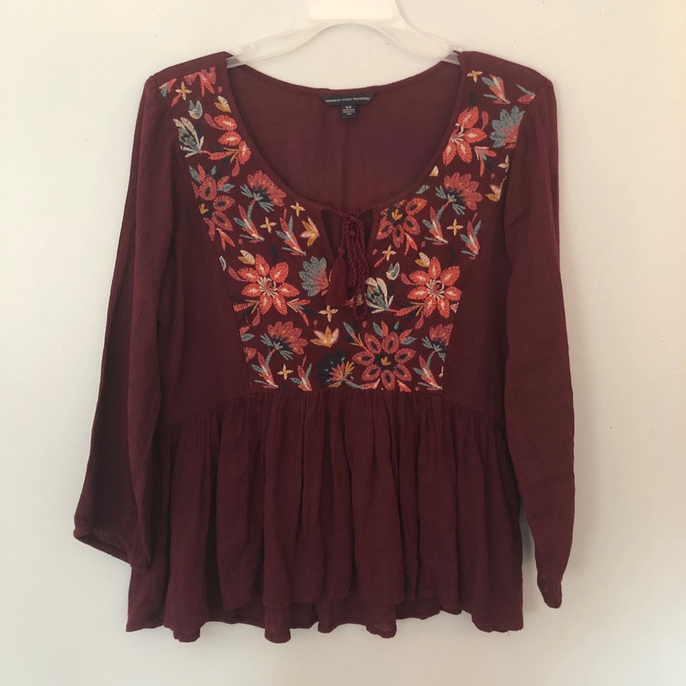 Maroon embroidered AE top